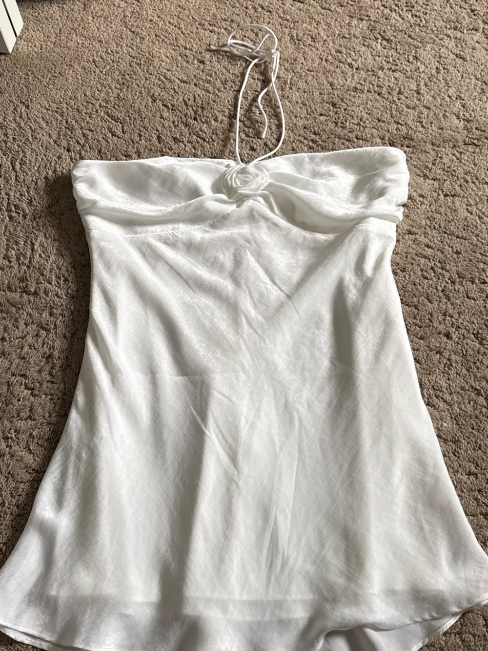 White Strapless Mini Dress with Halter Tie and Rose Accent
